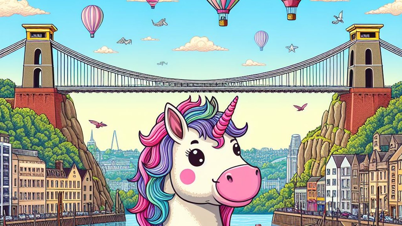 A cartoon unicorn sat in a harbour, surrounded by boats. The Clifton Suspension Bridge is behind it and hot air balloons float in the sky above.