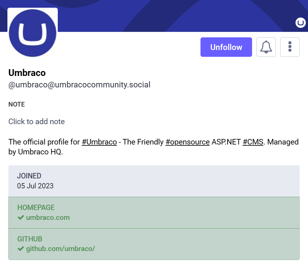 A screenshot of Umbraco's profile with both verified links