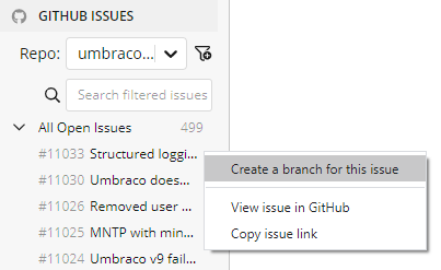A screenshot of the GitKraken "Create a new branch for this issue" menu option of the Github Issues integration