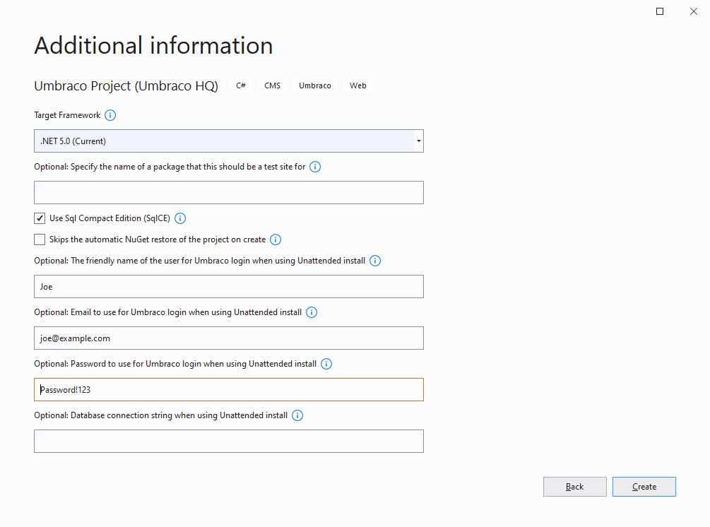 The Additional Information screen when creating an Umbraco project with the SQL CE flag and unattended install options