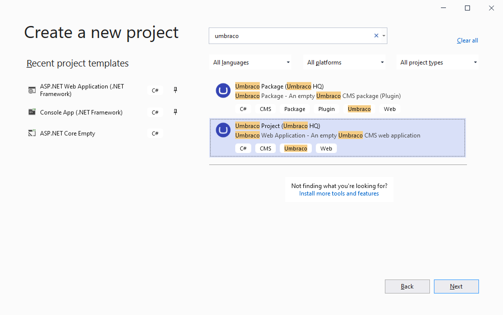 Create a new project dialog with "Umbraco" entered in the search field.