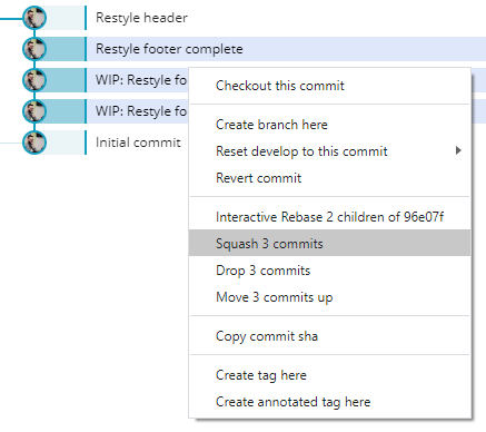 Screenshot of GitKraken with multiple commits selected and highlighing the "Squash 3 commits" right-click menu option