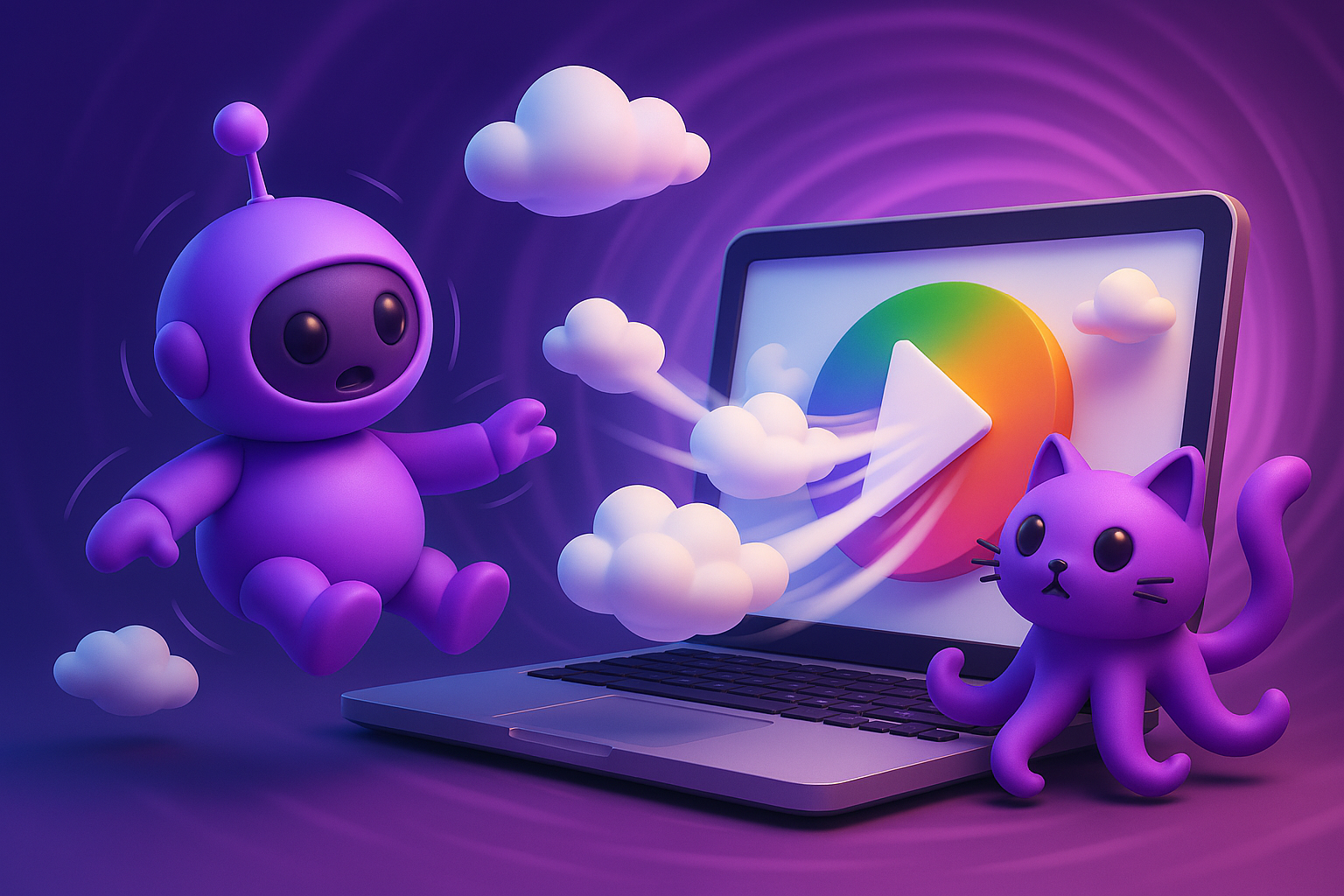 A purple robot and an octocat are being sucked into a laptop that looks like the act logo. 3D rendering style, AI generated.