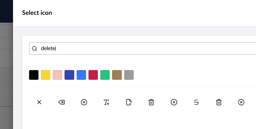 A screenshot of the Umbraco icon picker searching for "delete" returning the "delete" icon, "delete key" icon and some other related icons including the "trash" icon.