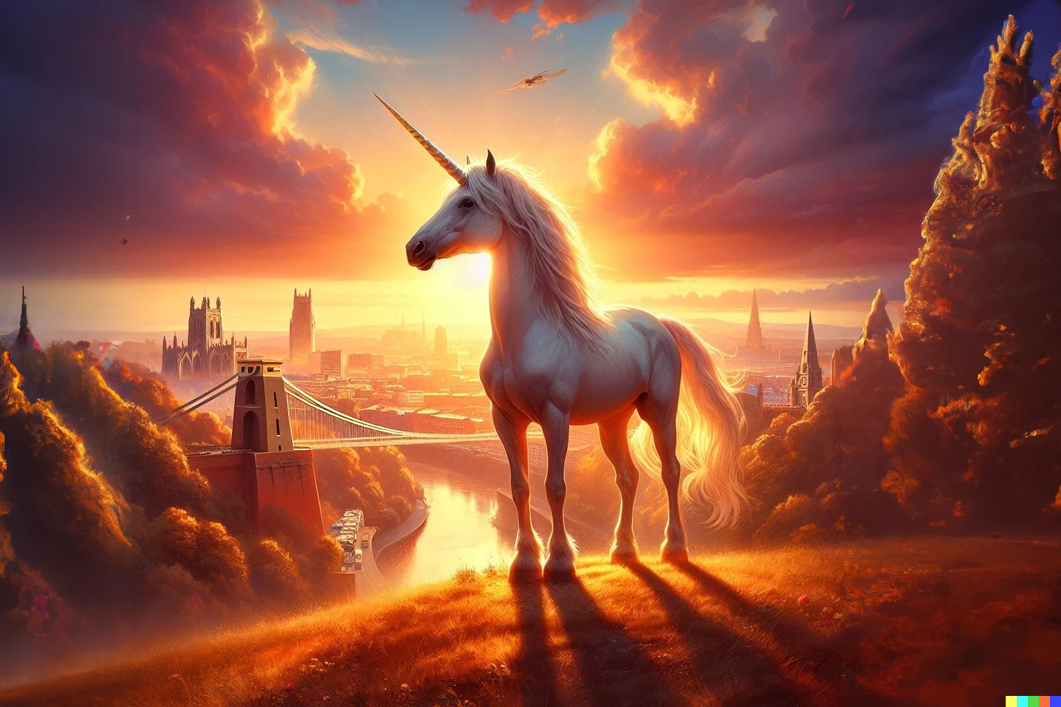 A more realistic unicorn stood on a hill with Bristol and the suspension bridge behind it at sunset. AI generated.