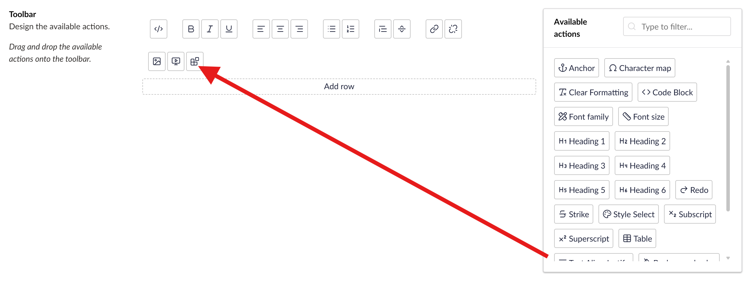 A screenshot of the RTE toolbar settings with an arrow indicating dragging the Blocks button to toolbar.