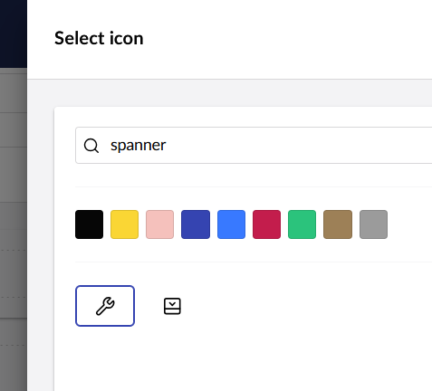 A screenshot of the Umbraco icon picker searching for "spanner" returning the "wrench" and "pannel close" icons.