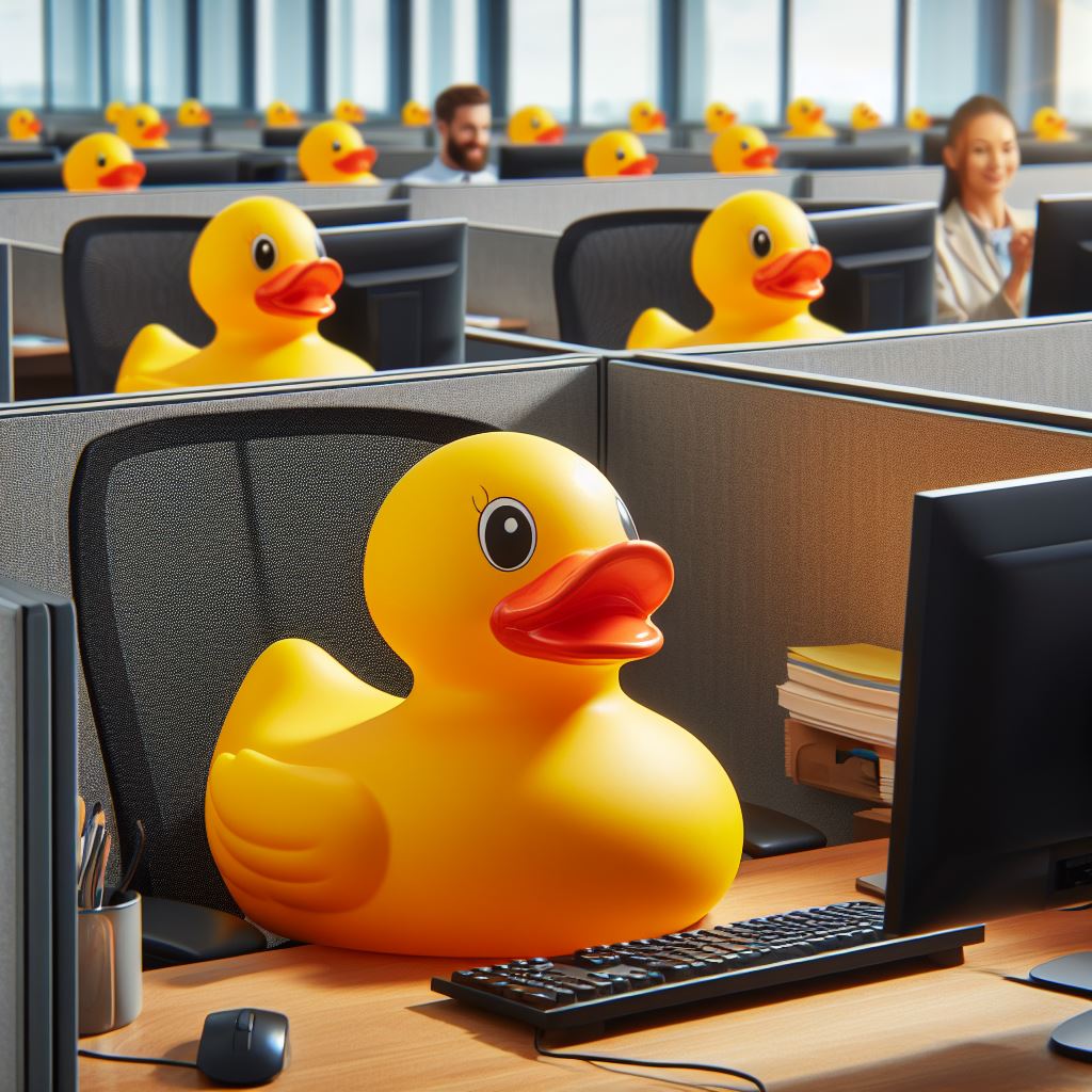 Rubber ducks sat at desks with computers in an office setting. AI Generated.