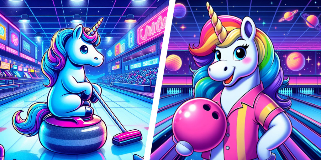 A split-screen cartoon. One side is of a unicorn in a neon-lit room with arcade games while sat on a curling stone, brush in hand. The other side is a unicorn in a bowling shirt holding a pink bowling ball, in a neon-lit bowling alley. Generated by AI.