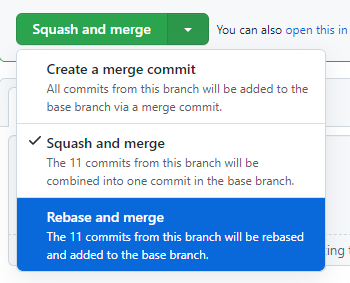 The "Rebase and merge" option shown in the merge type dropdown in a GitHub pull request