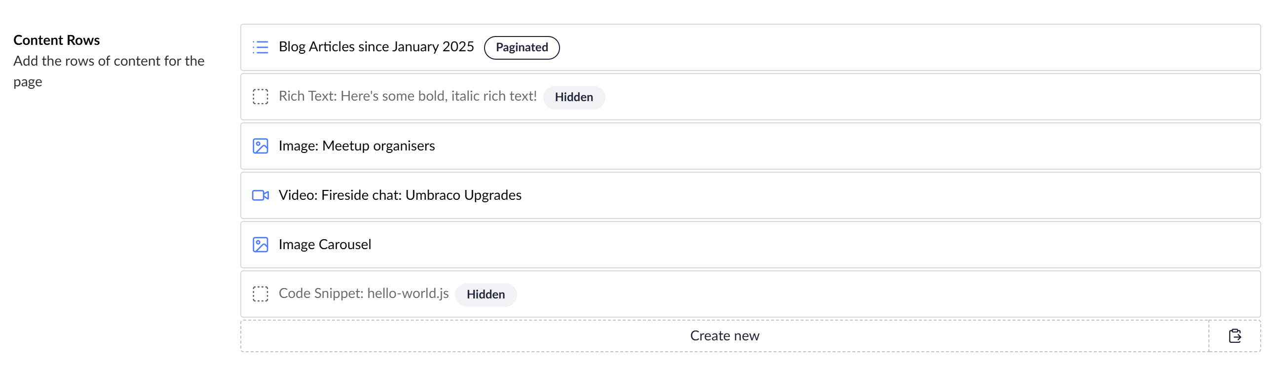 A screenshot of a block list where some elements have a "Hidden" tag at the end of the text, are greyed out with a dashed-square icon