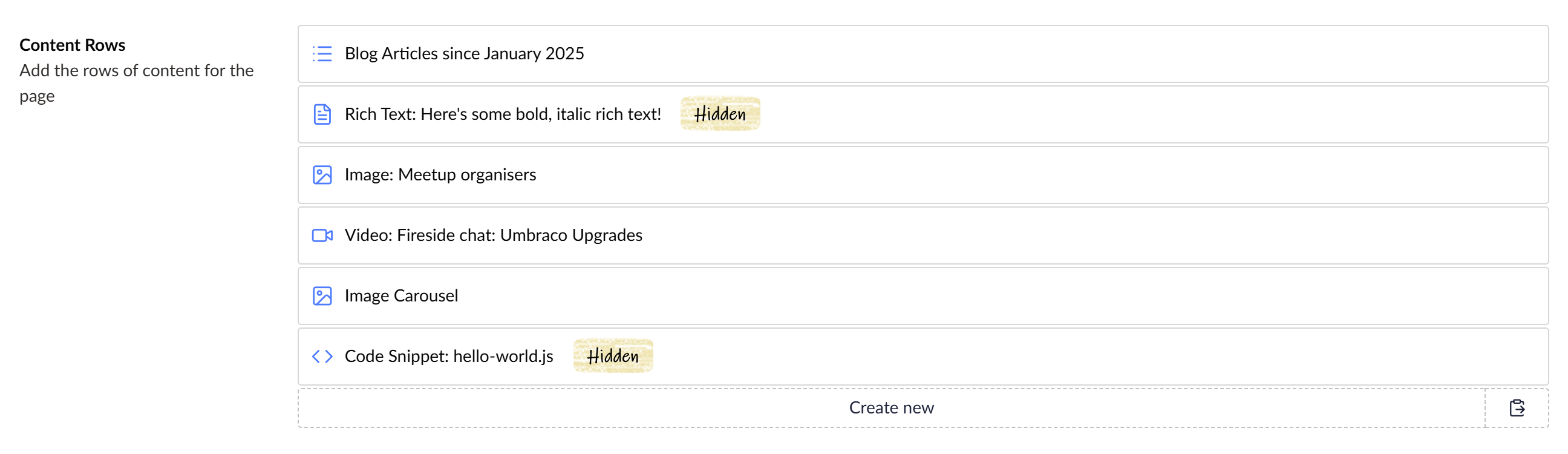 A screenshot of a block list where some elements have a "Hidden" tag at the end of the text.