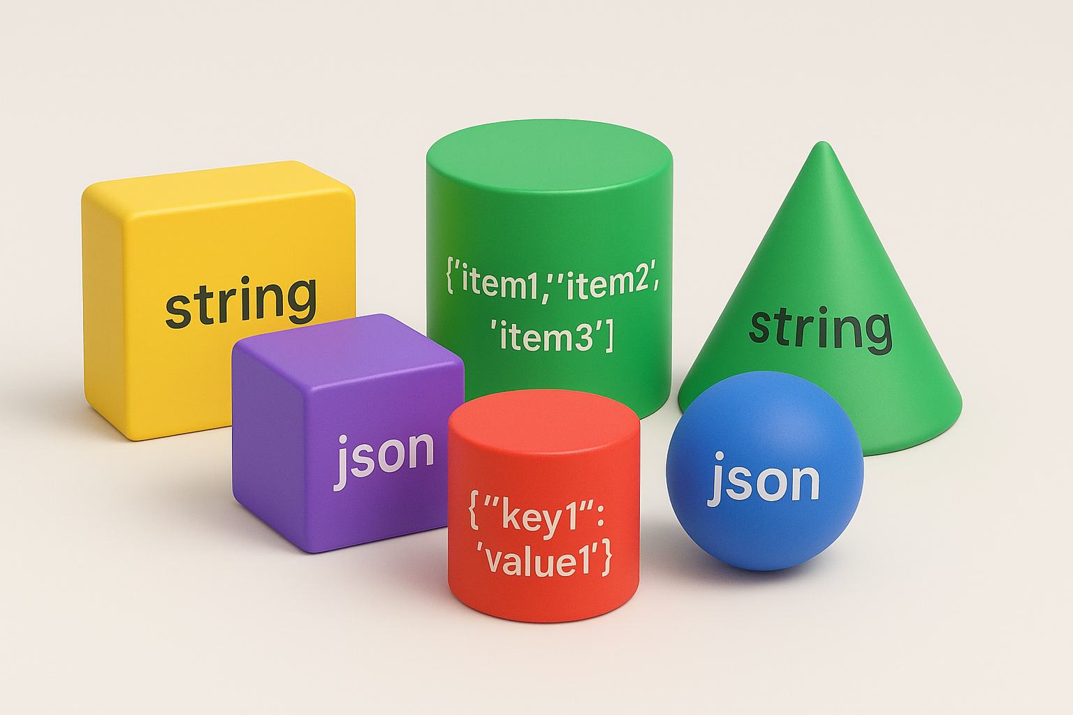 Various multi-coloured 3D shapes, each with a data storage format written on it